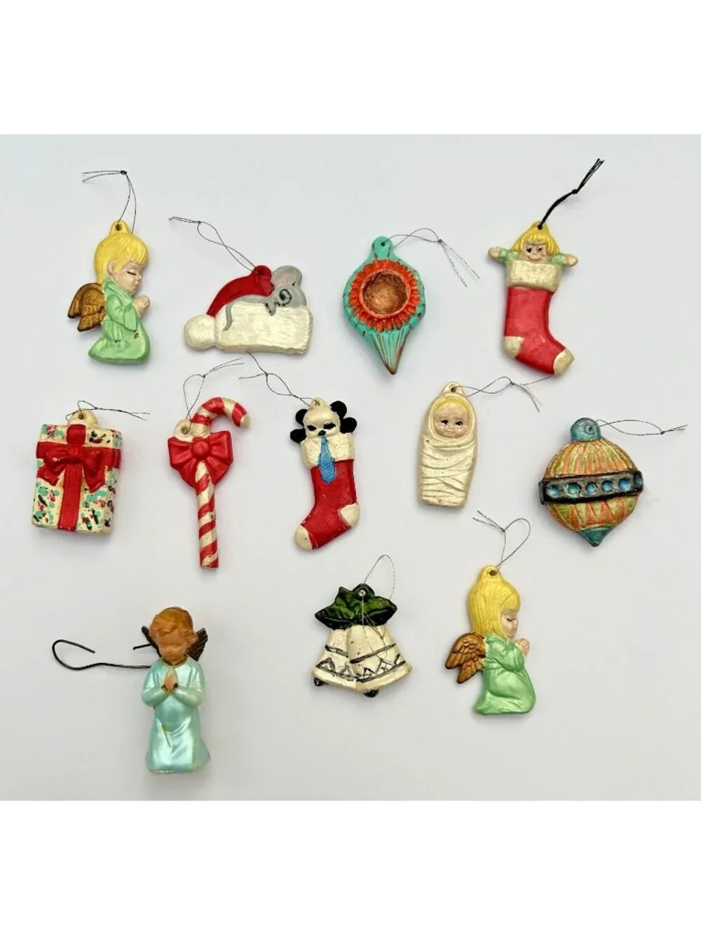 Vintage Handpainted Mini Ceramic Christmas Tree Ornaments Set of 12 Holiday